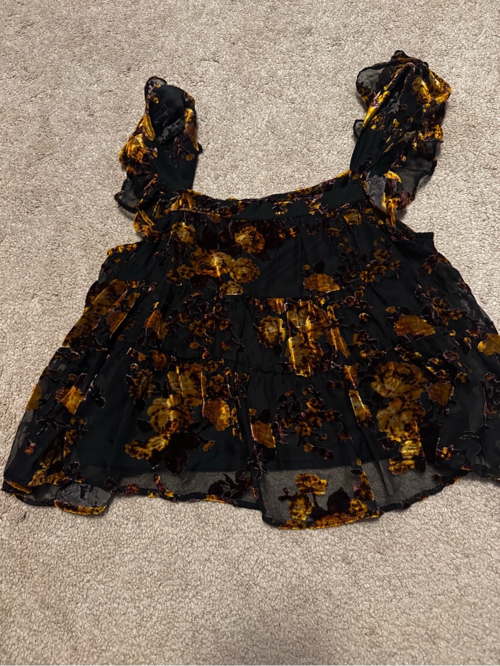 Francesca's Collections Black Velvet Floral Tiered Tank with Mustard Accents